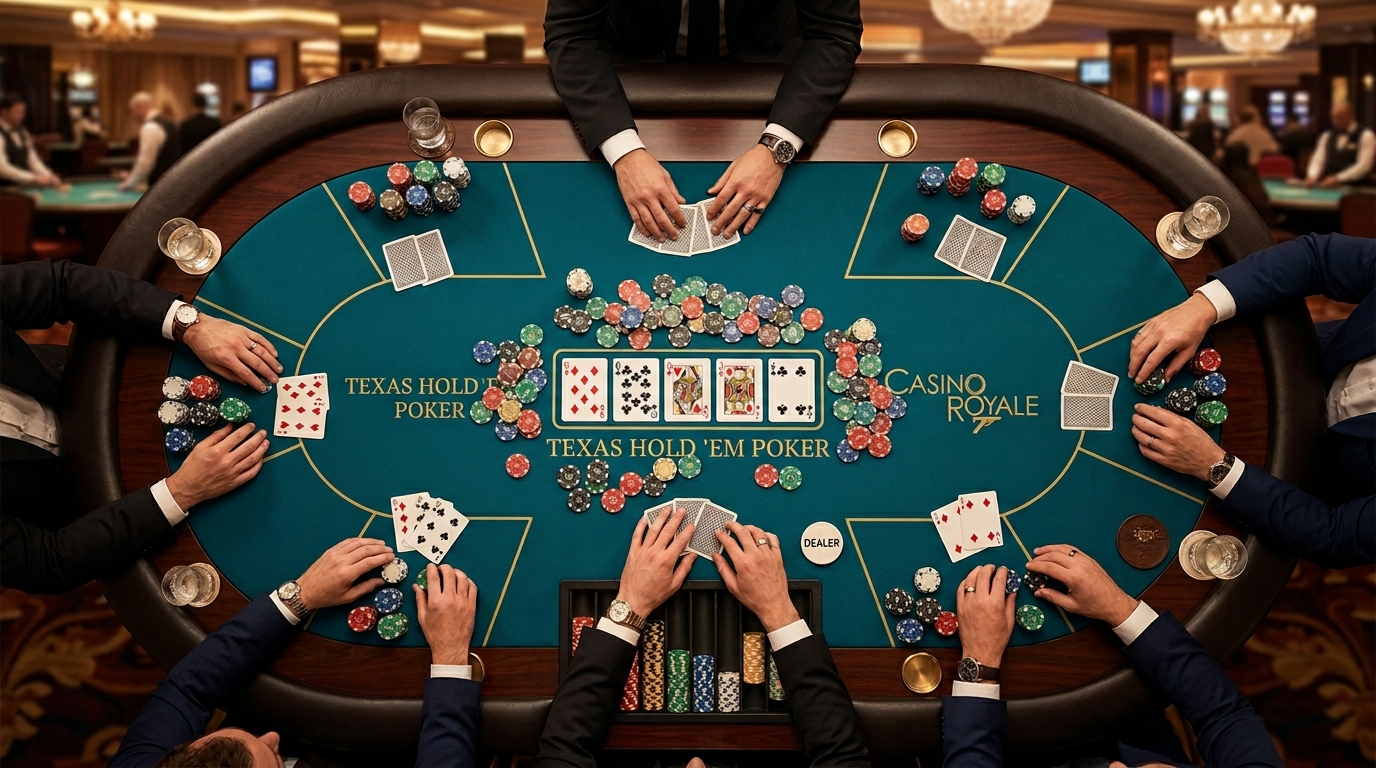 Bahsegel casino poker masasi — ust gorunum, teal kece, fisler ve kartlar