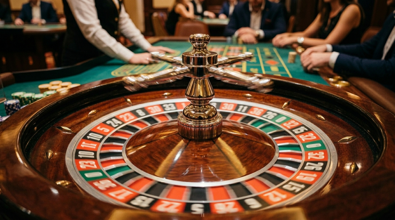 Bahsegel canli casino — rulet masasi yakindan, krom detaylar, kirimizi ve siyah numaralar